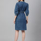 Janasya Women's Blue Denim Solid Straight Western Dress | Swadesiicart