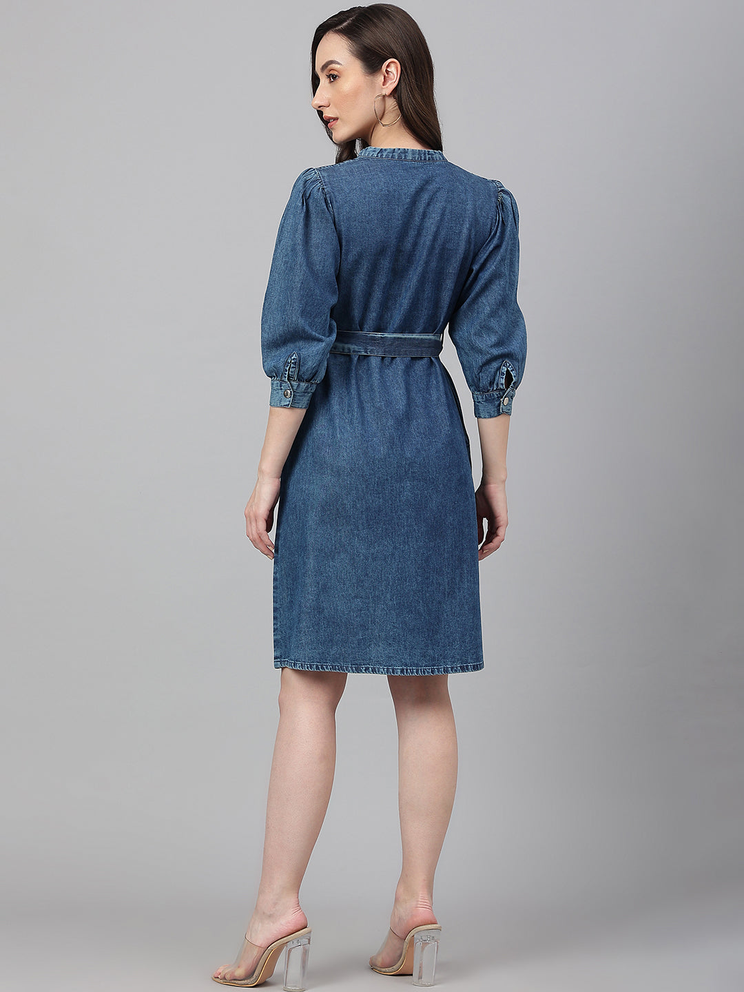 Janasya Women's Blue Denim Solid Straight Western Dress | Swadesiicart