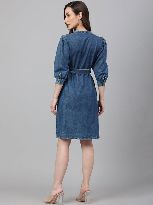 Janasya Women's Blue Denim Solid Straight Western Dress | Swadesiicart
