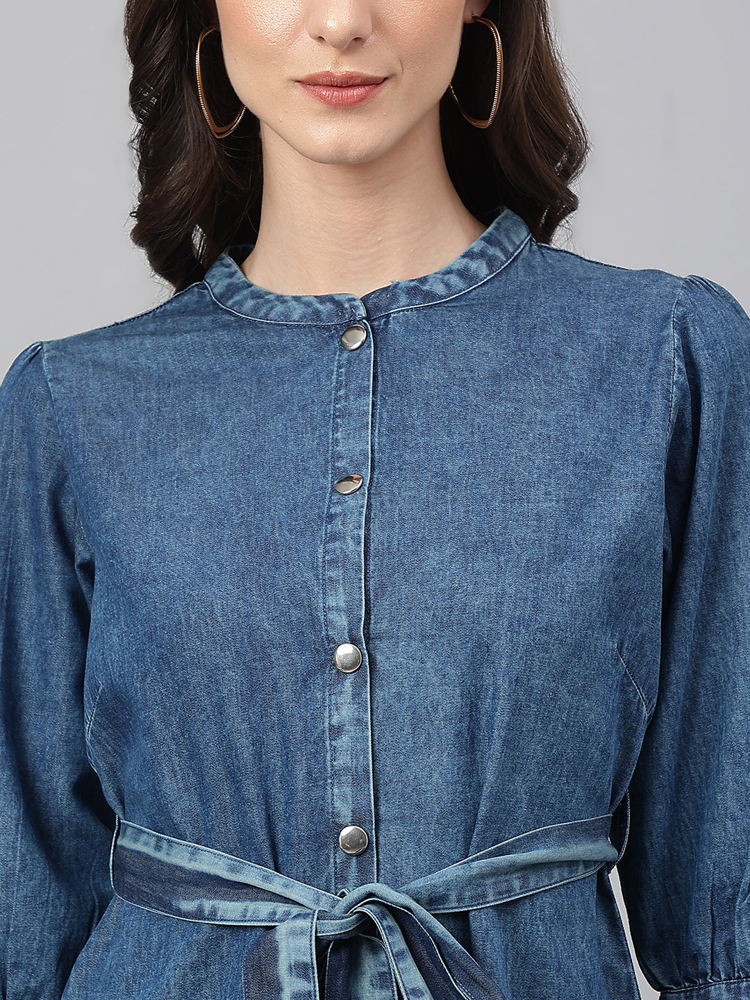 Janasya Women's Blue Denim Solid Straight Western Dress | Swadesiicart