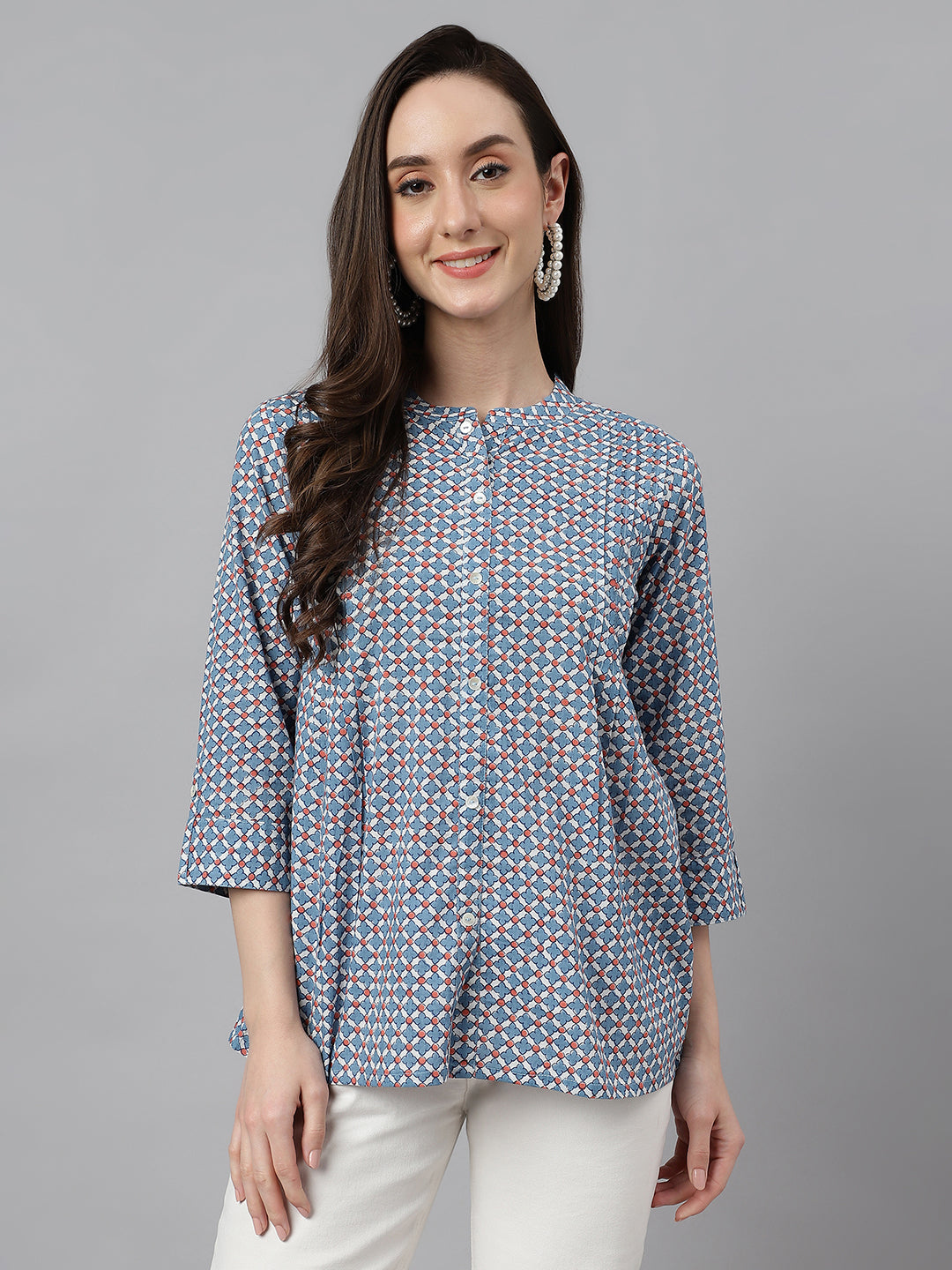 Janasya Women's Blue Cotton Printed Casual Regular Top | Swadesiicart