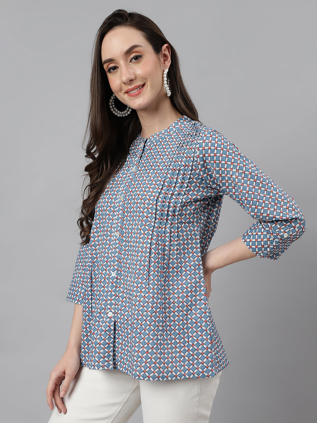 Janasya Women's Blue Cotton Printed Casual Regular Top | Swadesiicart
