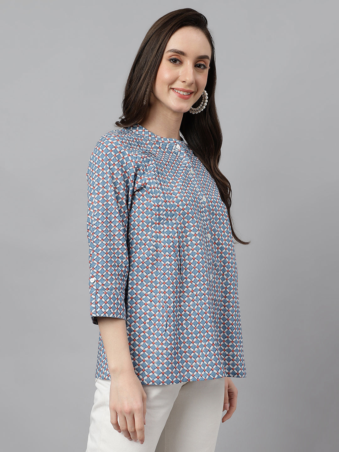 Janasya Women's Blue Cotton Printed Casual Regular Top | Swadesiicart