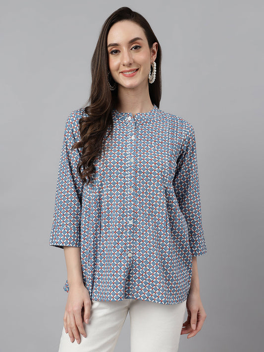 Janasya Women's Blue Cotton Printed Casual Regular Top | Swadesiicart