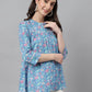Janasya Women's Blue Cotton Botanical Print Casual Empire Top | Swadesiicart