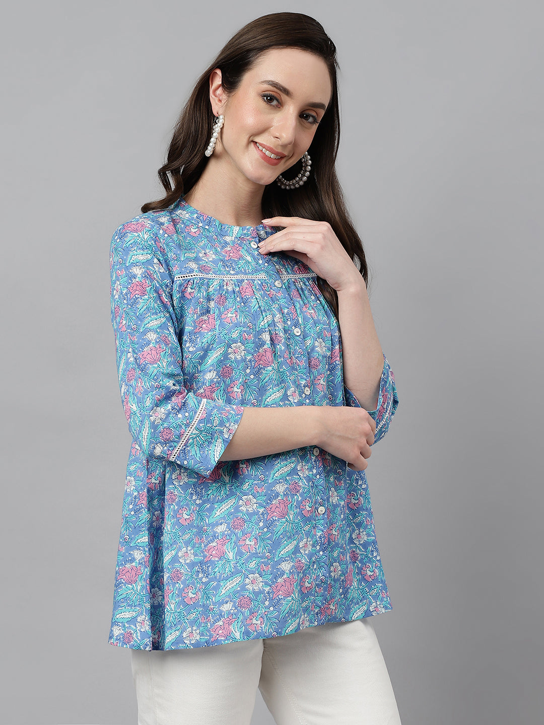Janasya Women's Blue Cotton Botanical Print Casual Empire Top | Swadesiicart