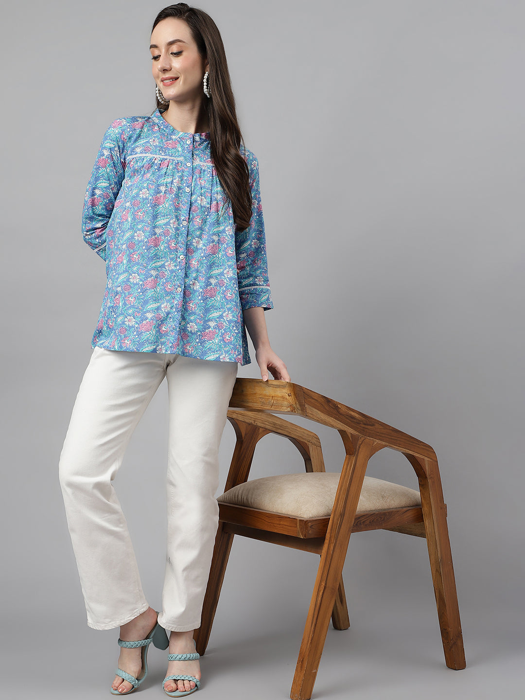 Janasya Women's Blue Cotton Botanical Print Casual Empire Top | Swadesiicart