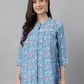 Janasya Women's Blue Cotton Botanical Print Casual Empire Top | Swadesiicart