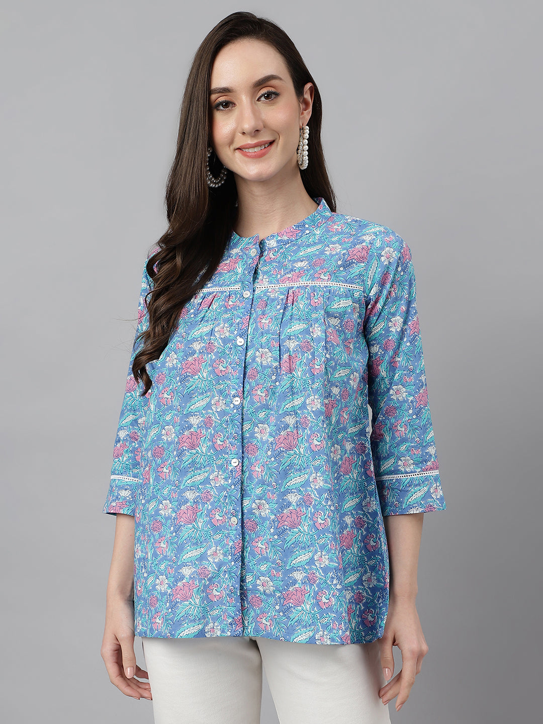 Janasya Women's Blue Cotton Botanical Print Casual Empire Top | Swadesiicart