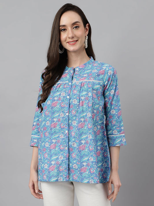 Janasya Women's Blue Cotton Botanical Print Casual Empire Top | Swadesiicart