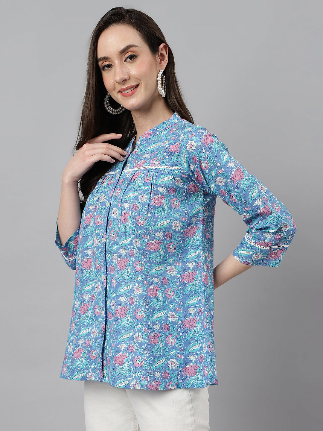 Janasya Women's Blue Cotton Botanical Print Casual Empire Top | Swadesiicart