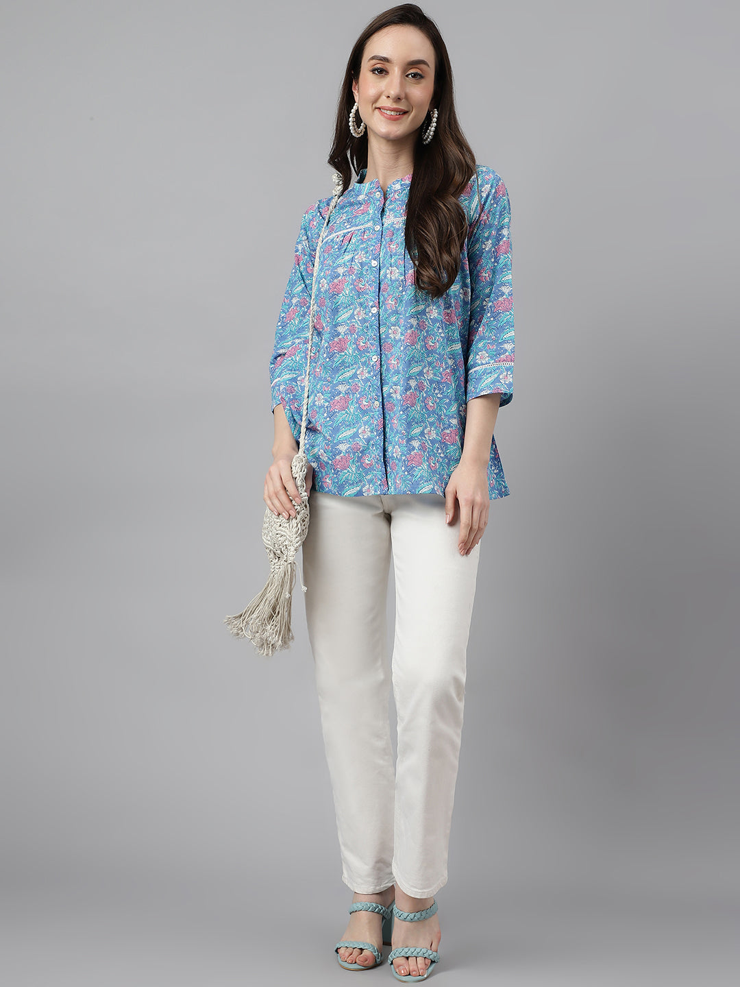 Janasya Women's Blue Cotton Botanical Print Casual Empire Top | Swadesiicart