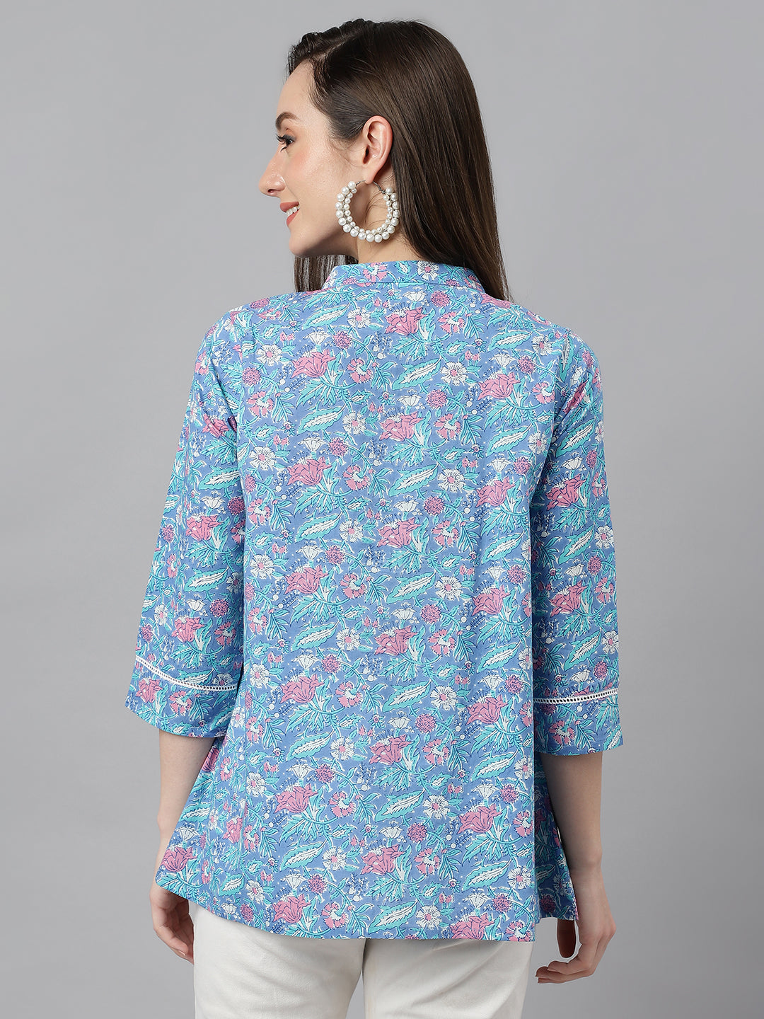 Janasya Women's Blue Cotton Botanical Print Casual Empire Top | Swadesiicart