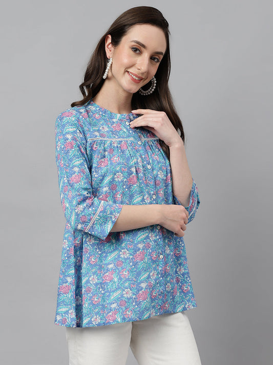 Janasya Women's Blue Cotton Botanical Print Casual Empire Top | Swadesiicart