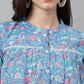 Janasya Women's Blue Cotton Botanical Print Casual Empire Top | Swadesiicart