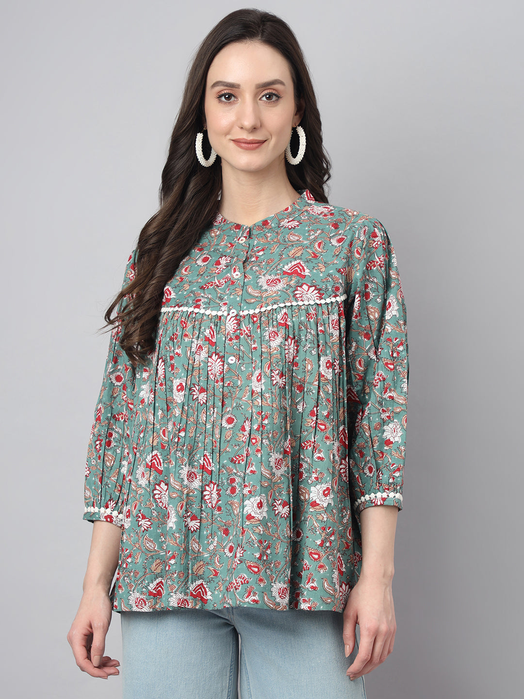 Janasya Women's Green Cotton Botanical Print Casual Empire Top | Swadesiicart