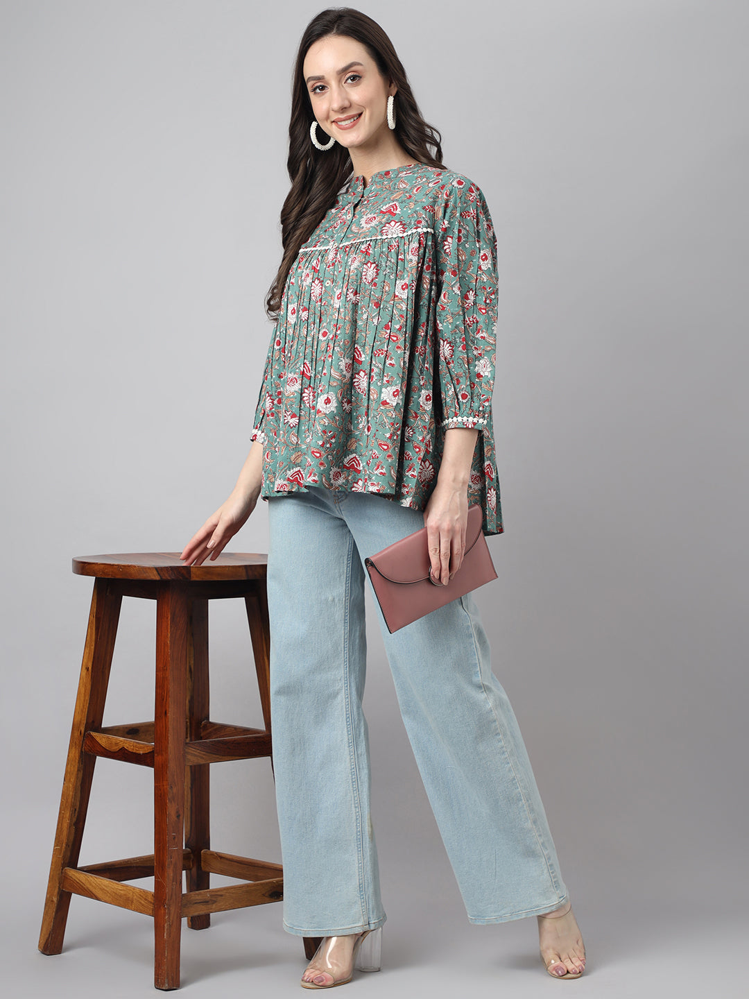 Janasya Women's Green Cotton Botanical Print Casual Empire Top | Swadesiicart