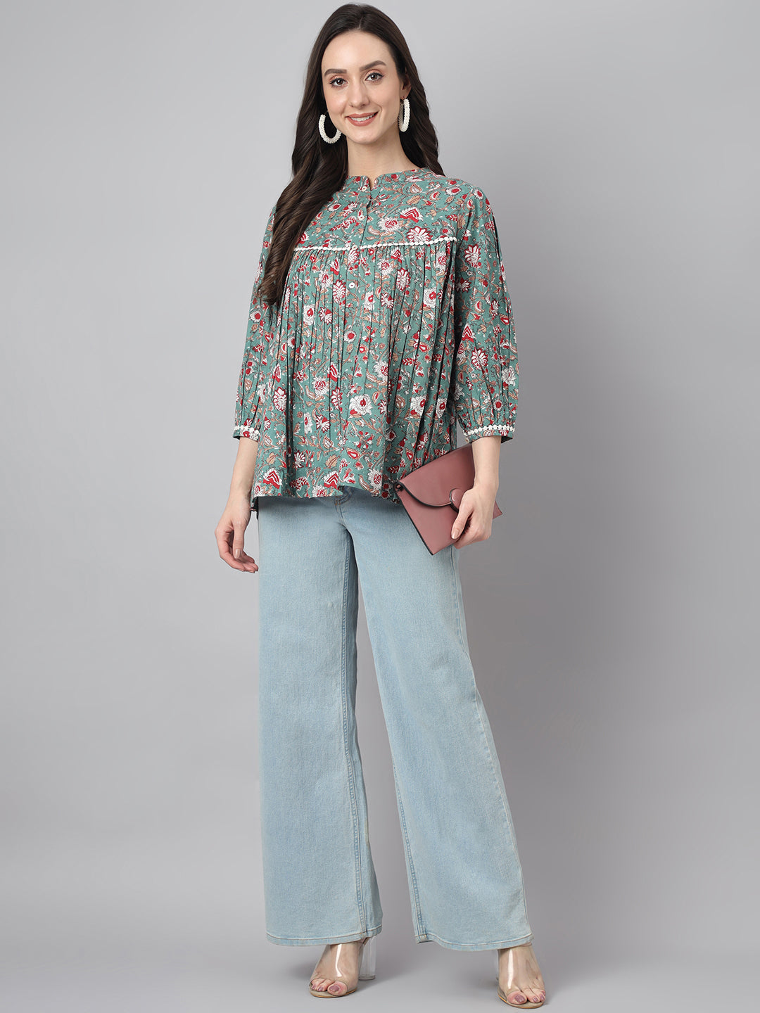 Janasya Women's Green Cotton Botanical Print Casual Empire Top | Swadesiicart