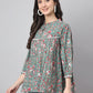 Janasya Women's Green Cotton Botanical Print Casual Empire Top | Swadesiicart