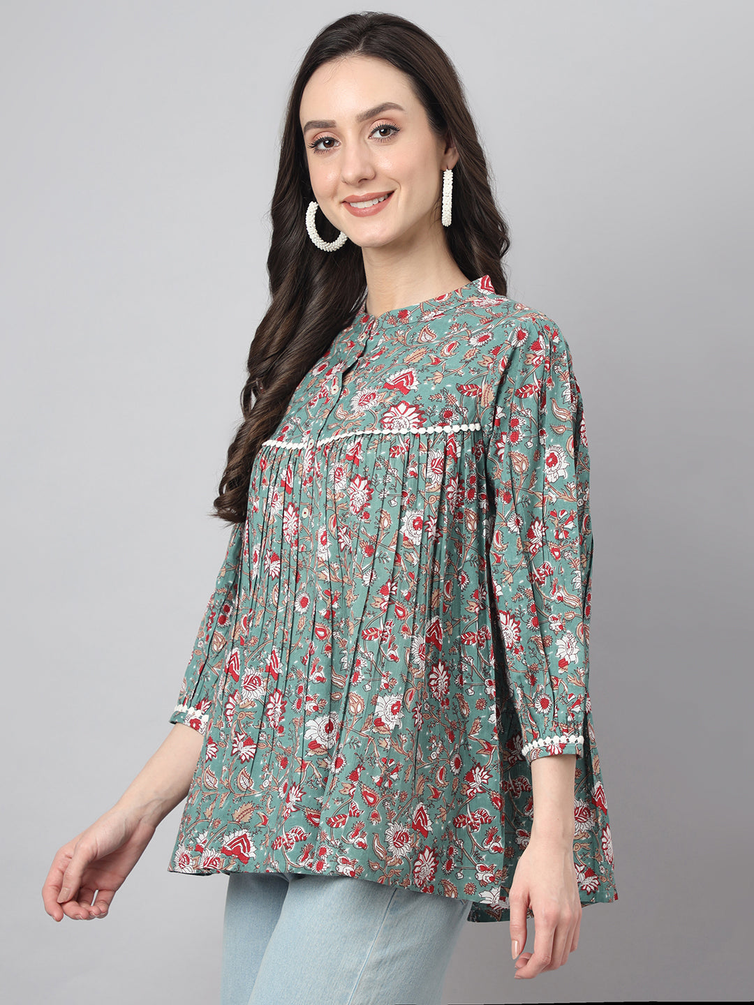Janasya Women's Green Cotton Botanical Print Casual Empire Top | Swadesiicart