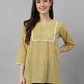 Janasya Women's Mustard Cotton Ethnic Motifs Casual Regular Top | Swadesiicart