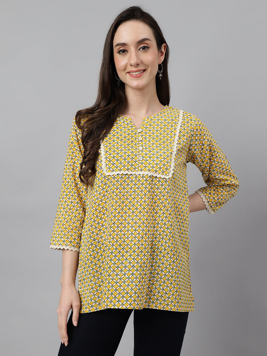 Janasya Women's Mustard Cotton Ethnic Motifs Casual Regular Top | Swadesiicart