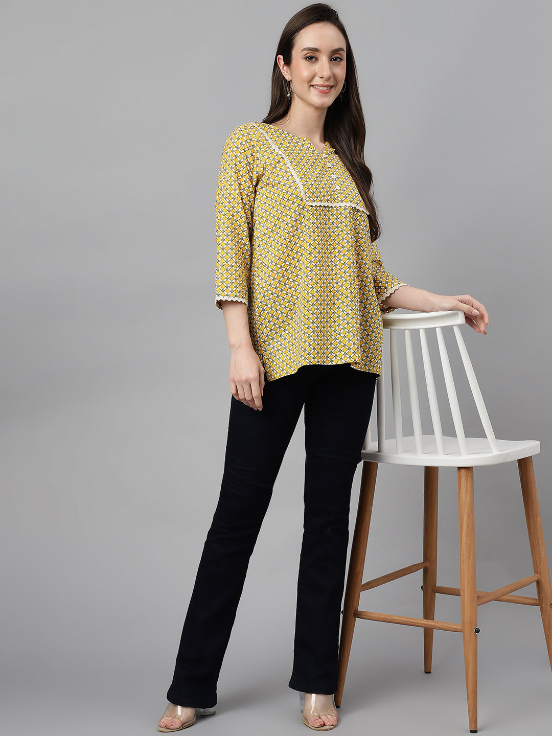 Janasya Women's Mustard Cotton Ethnic Motifs Casual Regular Top | Swadesiicart