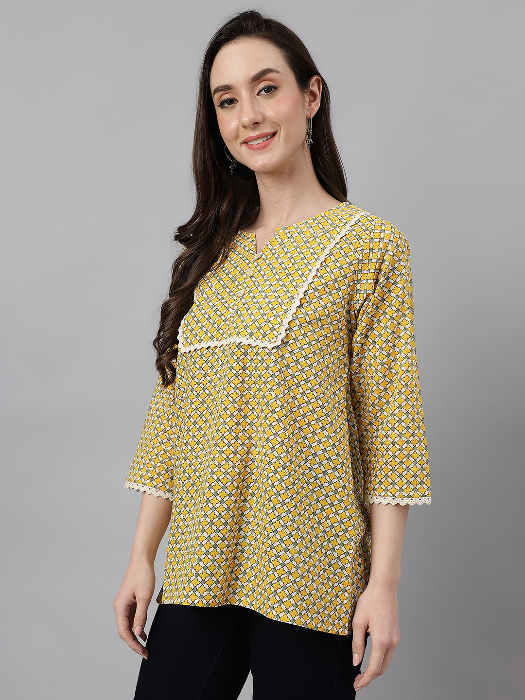 Janasya Women's Mustard Cotton Ethnic Motifs Casual Regular Top | Swadesiicart
