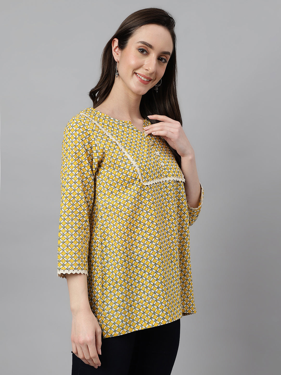 Janasya Women's Mustard Cotton Ethnic Motifs Casual Regular Top | Swadesiicart