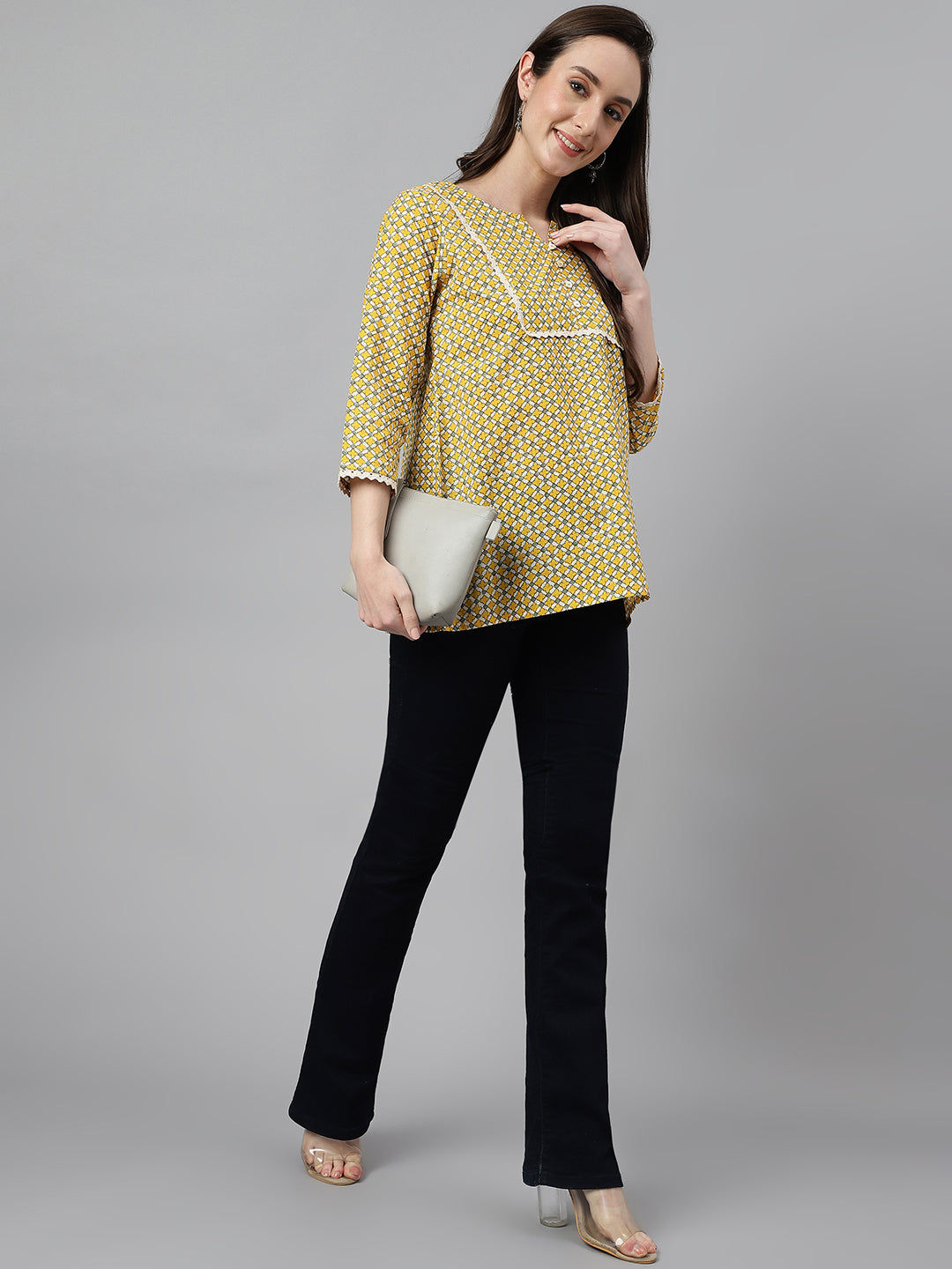 Janasya Women's Mustard Cotton Ethnic Motifs Casual Regular Top | Swadesiicart