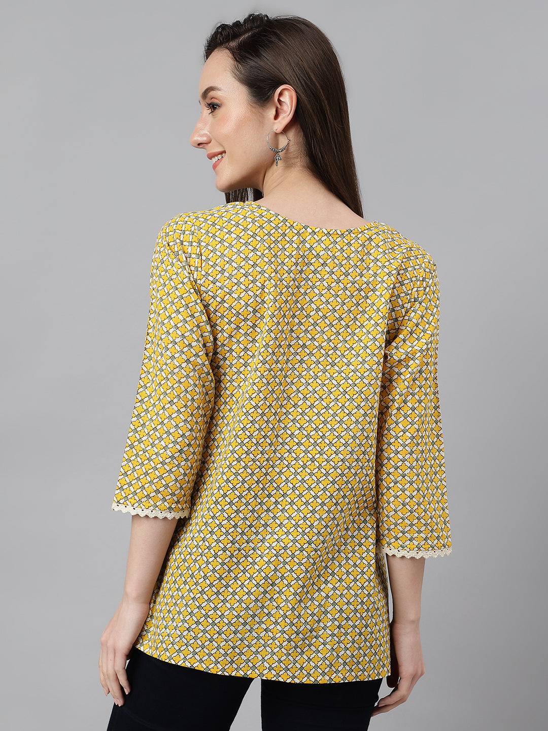 Janasya Women's Mustard Cotton Ethnic Motifs Casual Regular Top | Swadesiicart