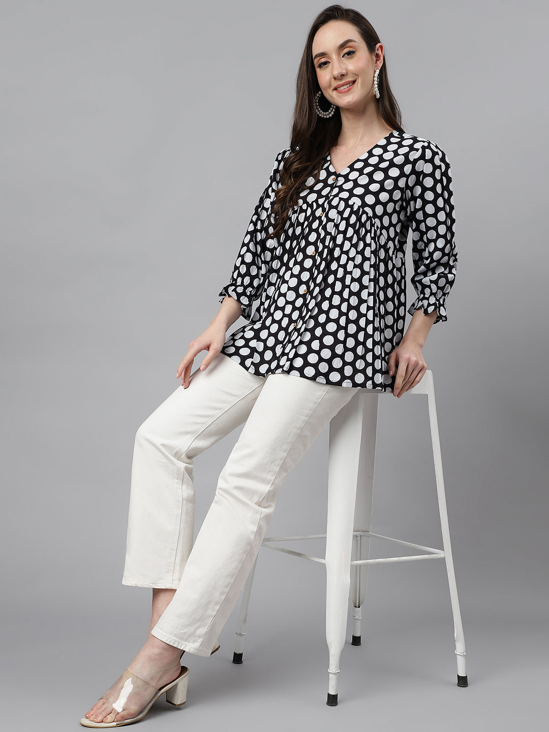Janasya Women's Black Cotton Polka Print Casual Peplum Top | Swadesiicart
