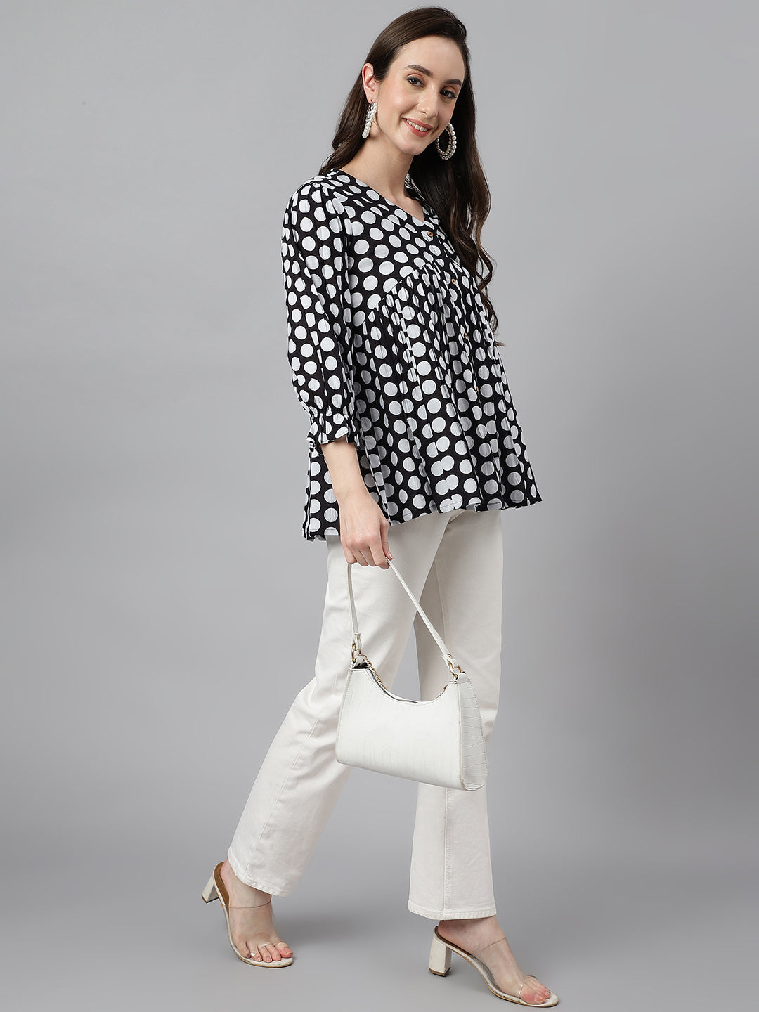 Janasya Women's Black Cotton Polka Print Casual Peplum Top | Swadesiicart