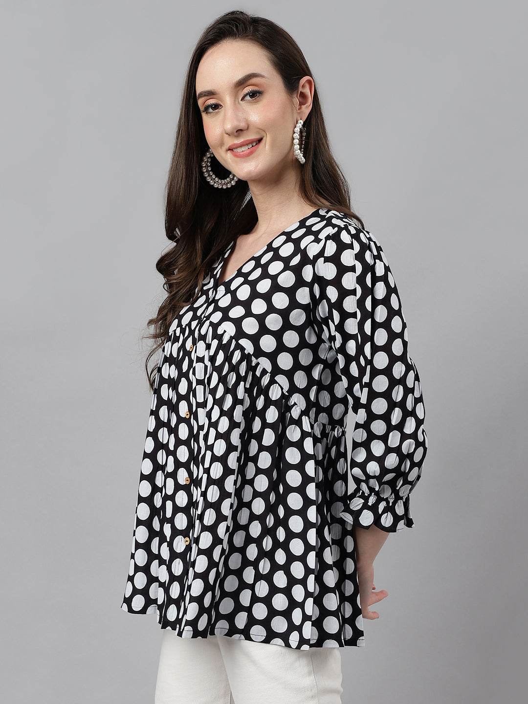 Janasya Women's Black Cotton Polka Print Casual Peplum Top | Swadesiicart