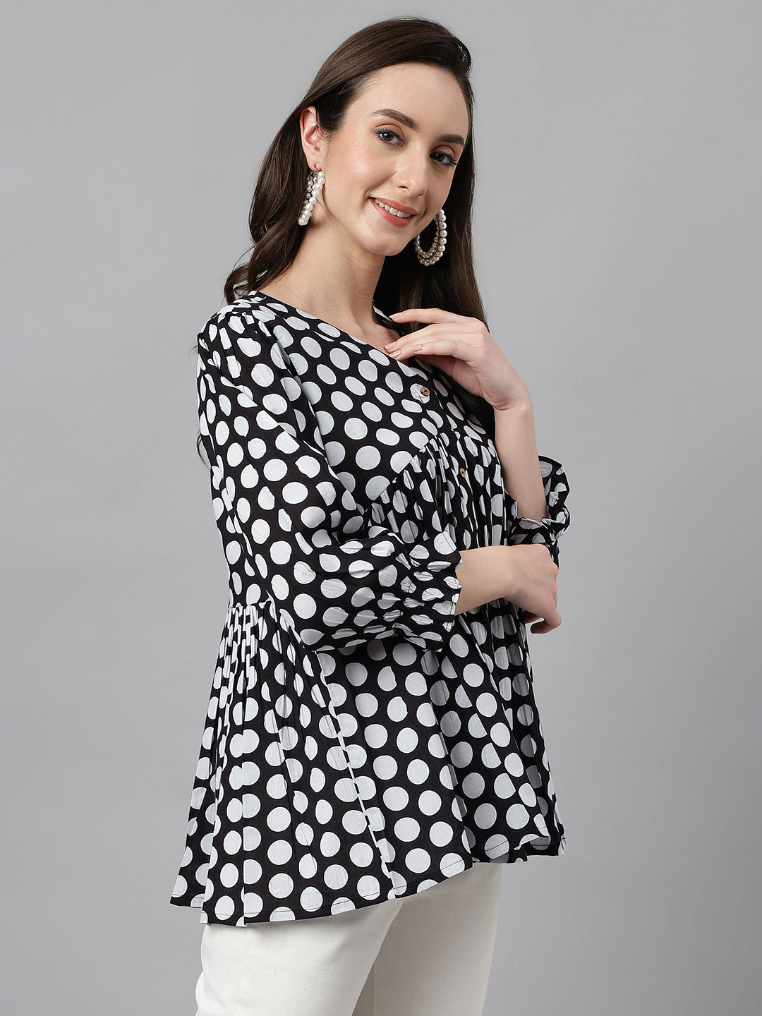 Janasya Women's Black Cotton Polka Print Casual Peplum Top | Swadesiicart