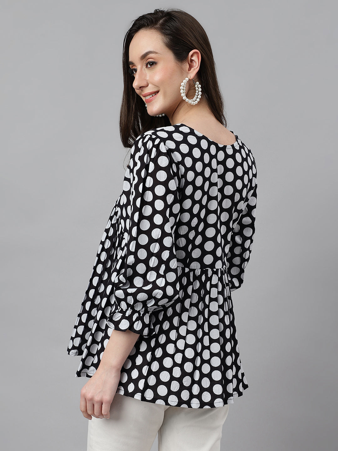 Janasya Women's Black Cotton Polka Print Casual Peplum Top | Swadesiicart