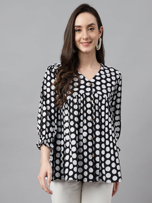Janasya Women's Black Cotton Polka Print Casual Peplum Top | Swadesiicart