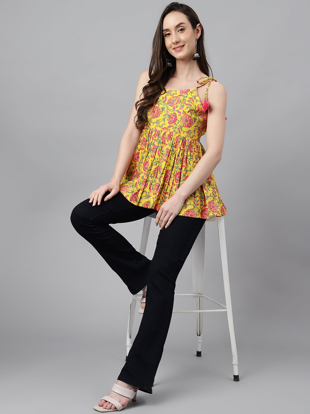 Janasya Women's Yellow Cotton Floral Print Casual Peplum Top | Swadesiicart