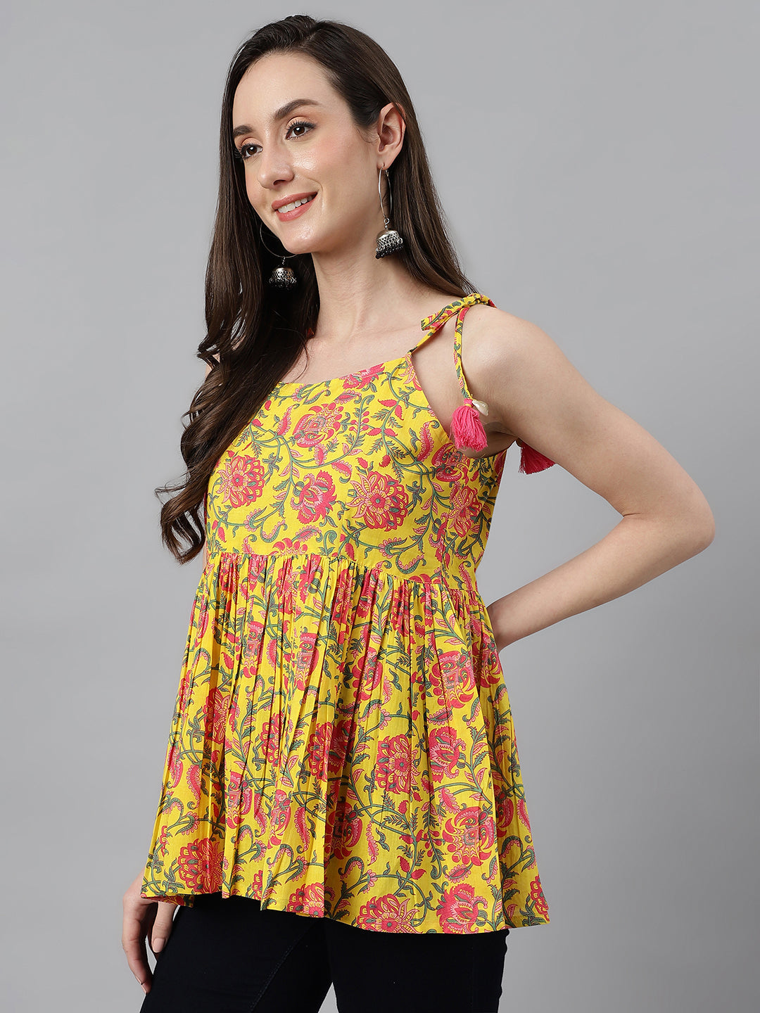 Janasya Women's Yellow Cotton Floral Print Casual Peplum Top | Swadesiicart