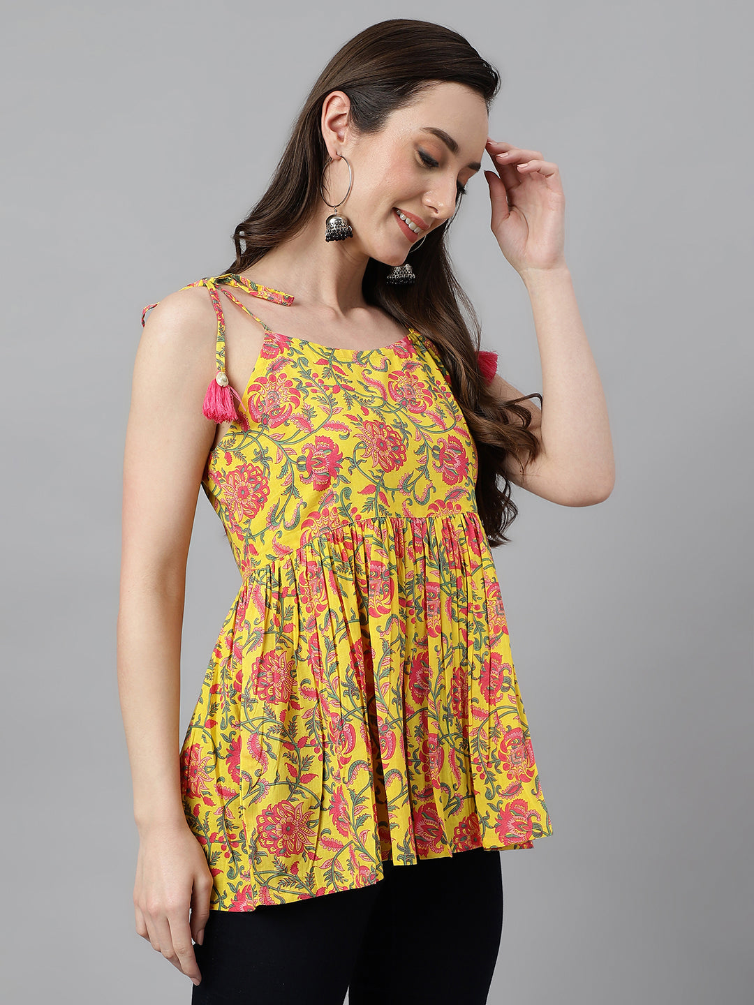 Janasya Women's Yellow Cotton Floral Print Casual Peplum Top | Swadesiicart