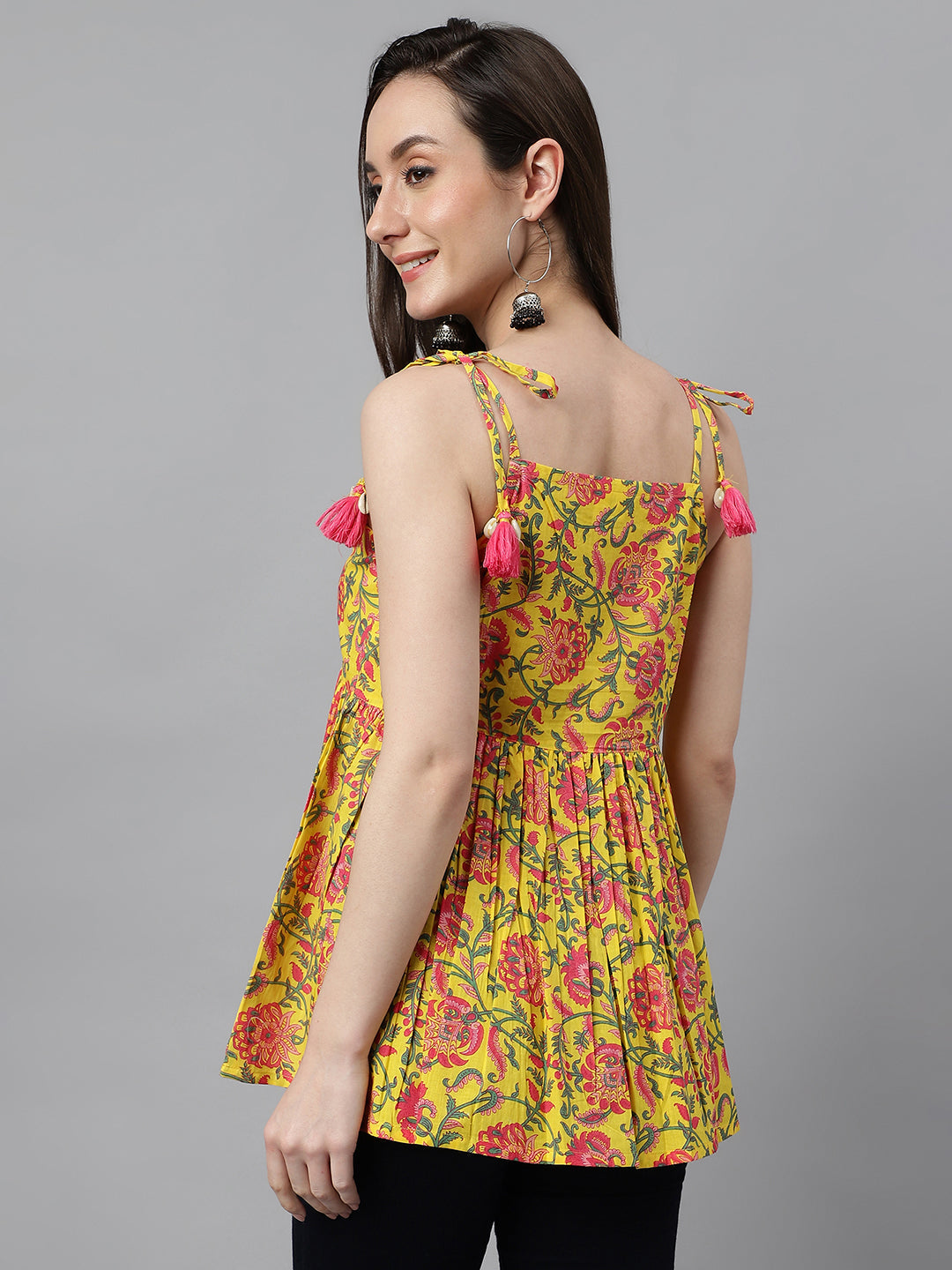 Janasya Women's Yellow Cotton Floral Print Casual Peplum Top | Swadesiicart