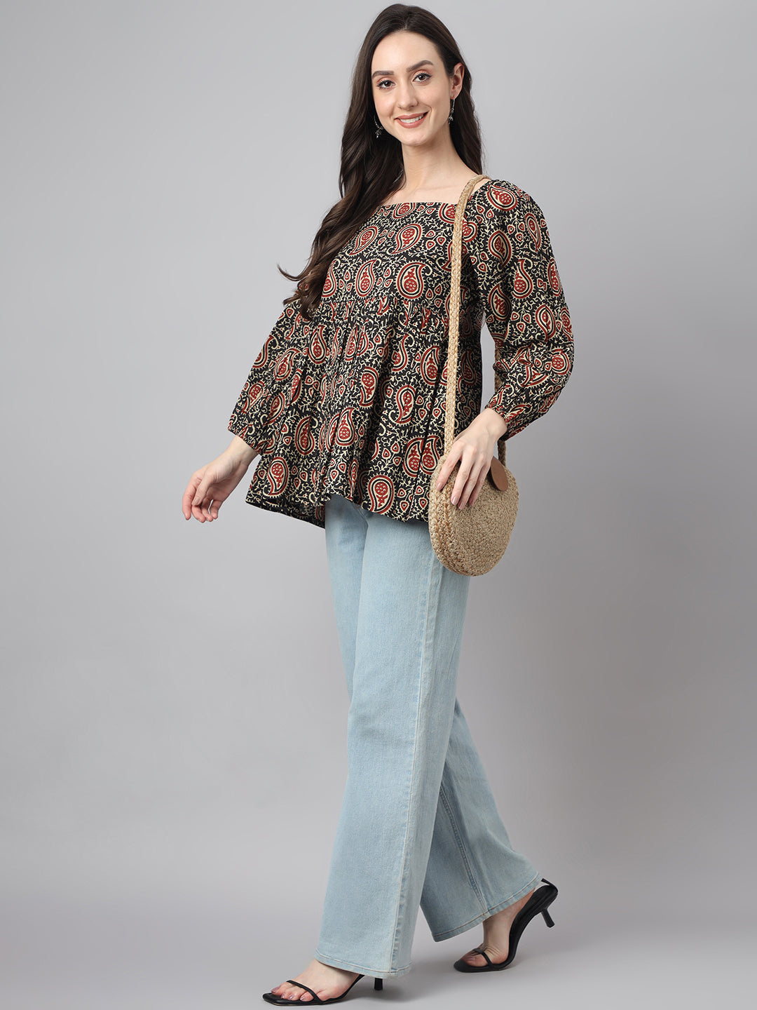 Janasya Women's Black Cotton Paisley Print Casual Gathered Top | Swadesiicart