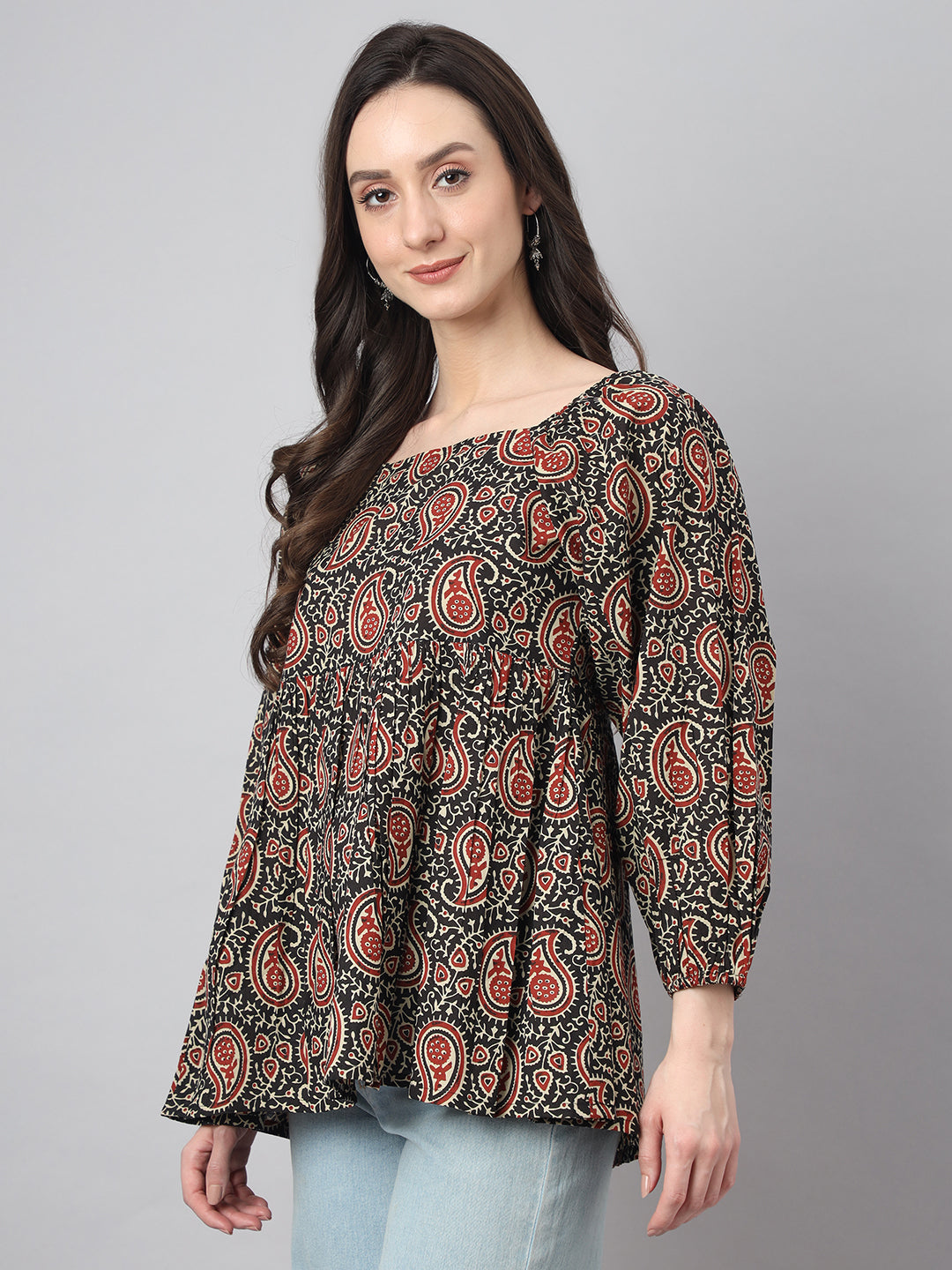 Janasya Women's Black Cotton Paisley Print Casual Gathered Top | Swadesiicart