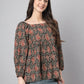 Janasya Women's Black Cotton Paisley Print Casual Gathered Top | Swadesiicart