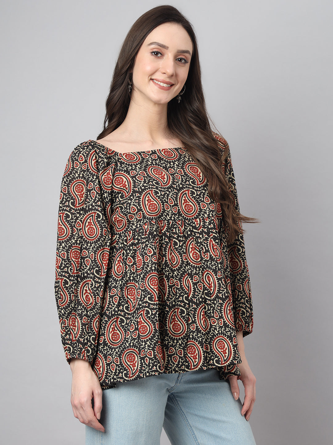 Janasya Women's Black Cotton Paisley Print Casual Gathered Top | Swadesiicart