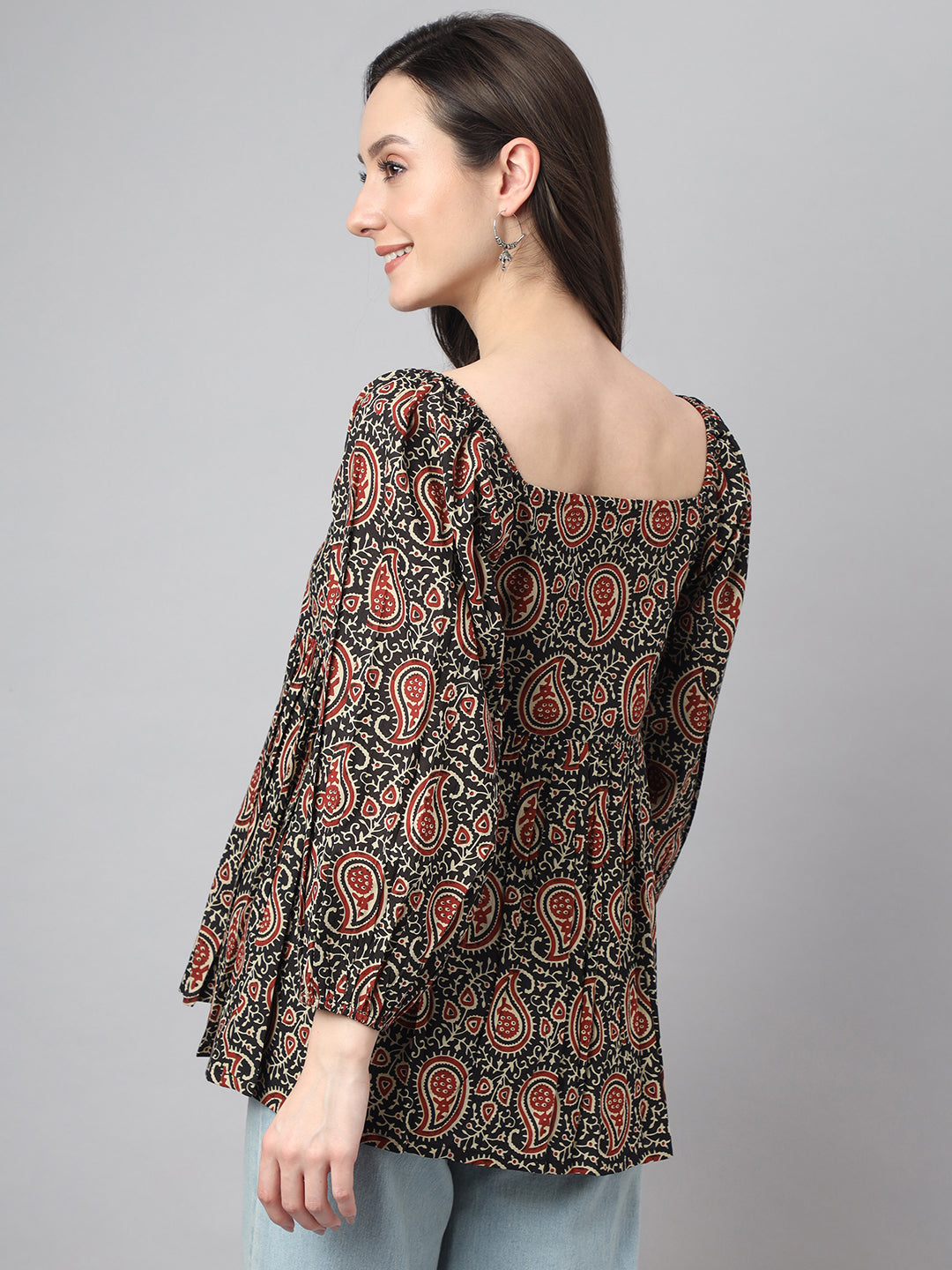 Janasya Women's Black Cotton Paisley Print Casual Gathered Top | Swadesiicart
