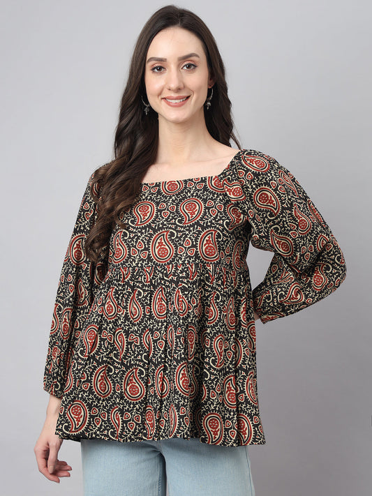 Janasya Women's Black Cotton Paisley Print Casual Gathered Top | Swadesiicart