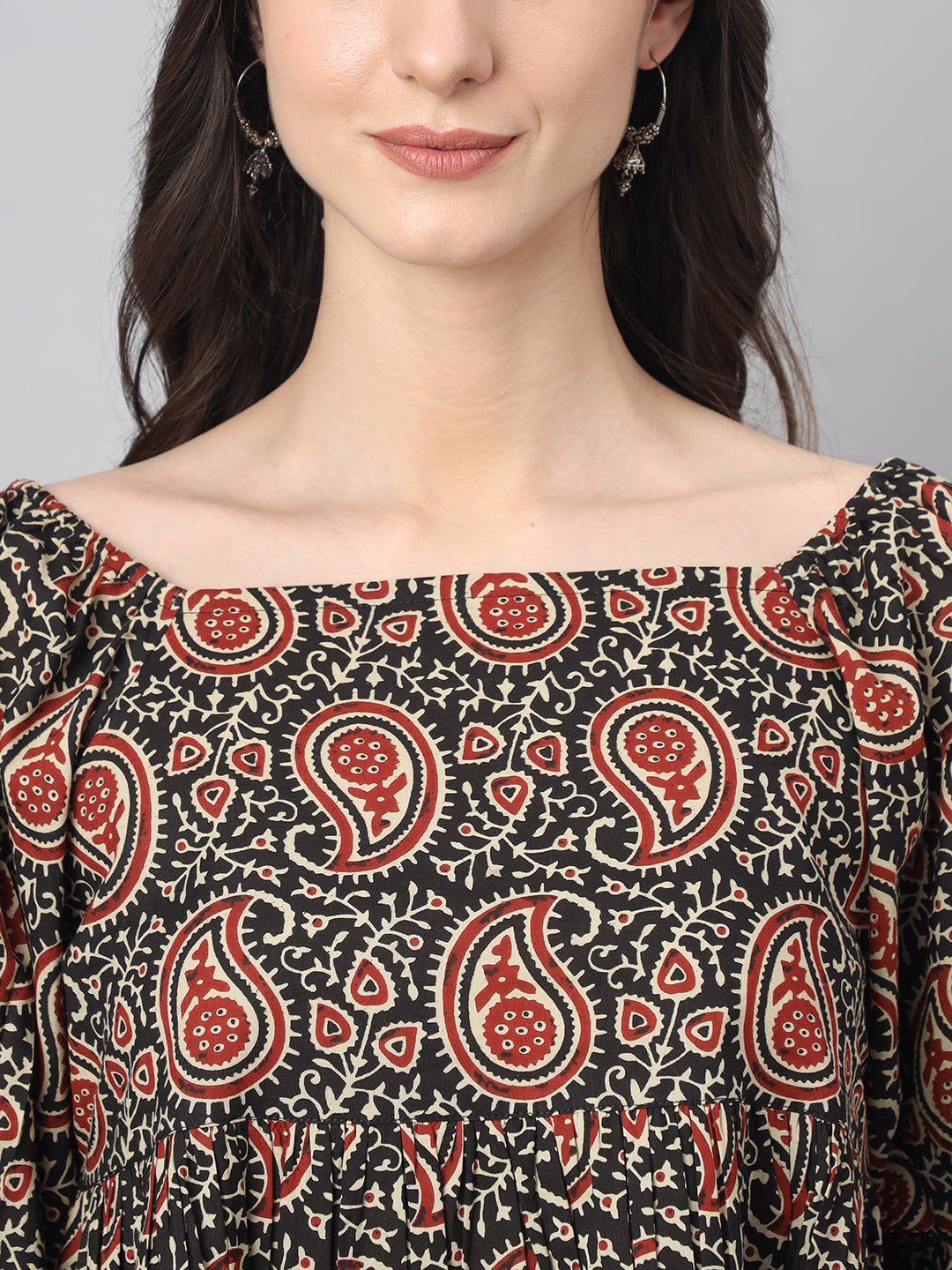 Janasya Women's Black Cotton Paisley Print Casual Gathered Top | Swadesiicart