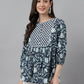 Janasya Women's Navy Blue Cotton Floral Print Gathered Top | Swadesiicart