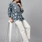 Janasya Women's Navy Blue Cotton Floral Print Gathered Top | Swadesiicart